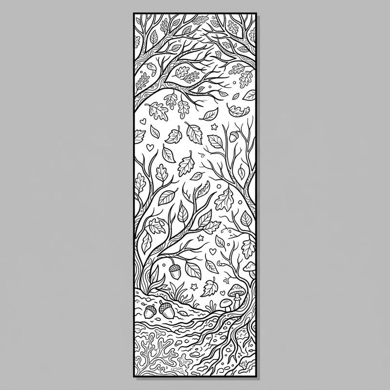 Embrace the beauty of the autumn season with this exquisite bookmark coloring page. Featuring a rich tapestry of falling leaves, bare branches, and textured earth, it promises a truly immersive coloring experience.