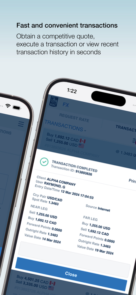 RBC DX - RBC DX app interface displaying a completed foreign exchange transaction confirmation with exchange rates and client details.