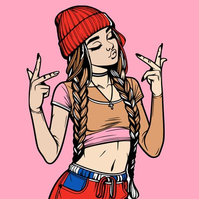 realistic teenage girl with braids and a beanie and crop top doing 🫶🏼