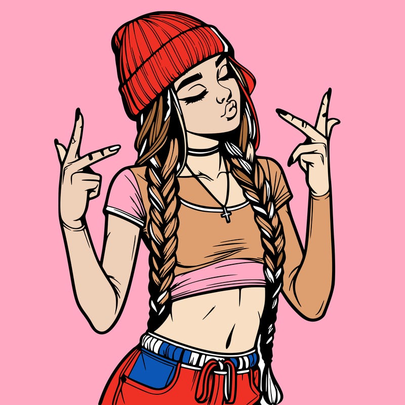 realistic teenage girl with braids and a beanie and crop top doing 🫶🏼