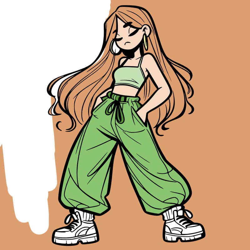 girl in baggy pants crop top and long hair