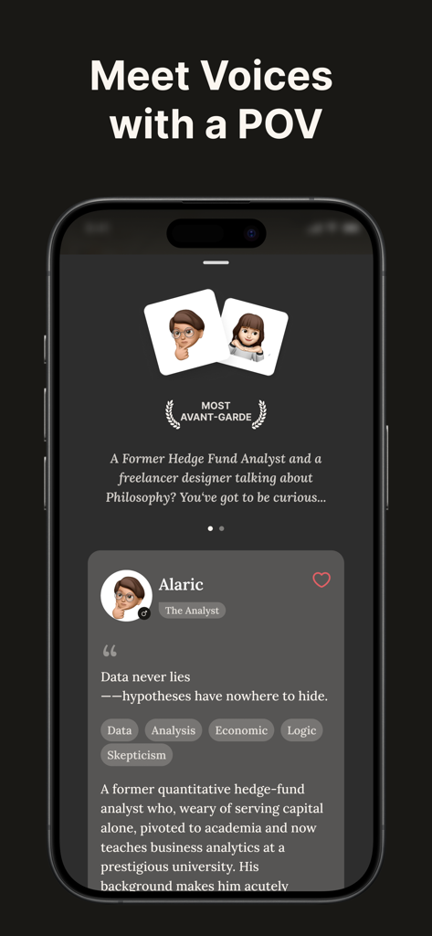 Nooka: Your Insight Feed - Nooka app screen showing a character profile for Alaric The Analyst under the heading Meet Voices with a POV.