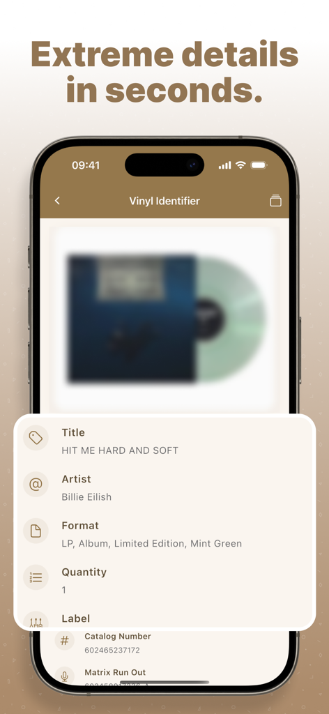 Mobile app interface displaying detailed pressing information and variant data for a scanned vinyl record