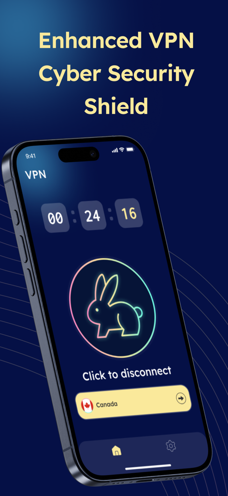 VPN - Rabbit Turbo VPN Proxy - Interfaccia dell'app Rabbit Turbo VPN su un iPhone che mostra una connessione attiva a un server canadese e un titolo di scudo per la sicurezza informatica