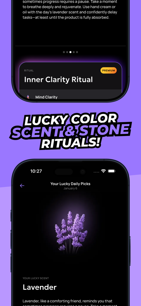 Interfaz de la aplicación Stargaze que muestra el aroma de la suerte diario lavanda y rituales de bienestar