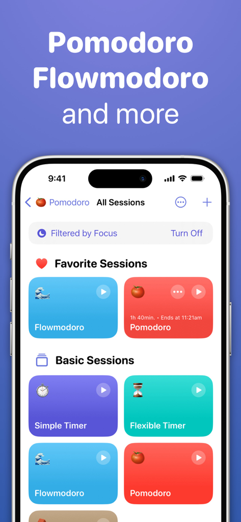 Focused Work - Pomodoro Timer - L'application Focused Work montrant les options de session Pomodoro et Flowmodoro sur un iPhone.