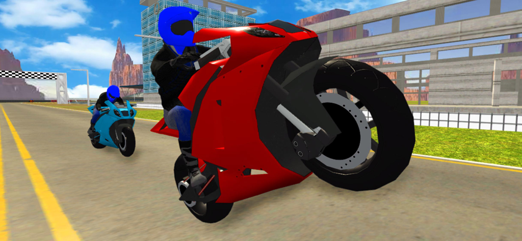 Real Bike Racing Game - A red motorcycle leading a blue bike on a city race track