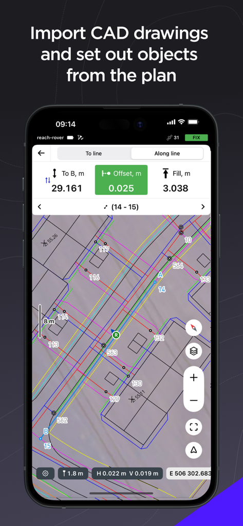 Emlid Flow app interface showing stakeout of objects from an imported CAD drawing plan.