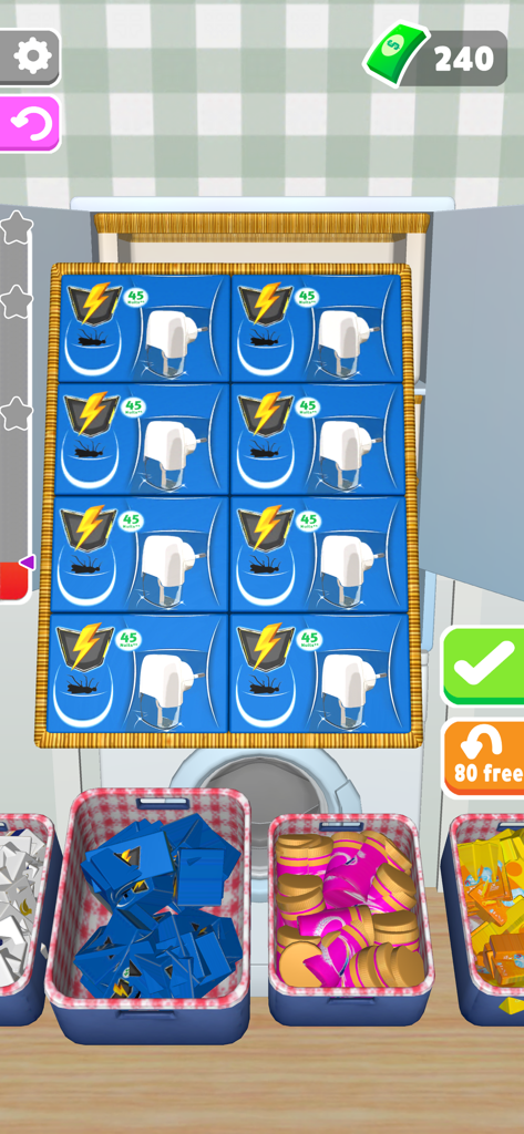 A screenshot of the Fill The Fridge mobile game showing household items being organized onto a shelf above a washing machine