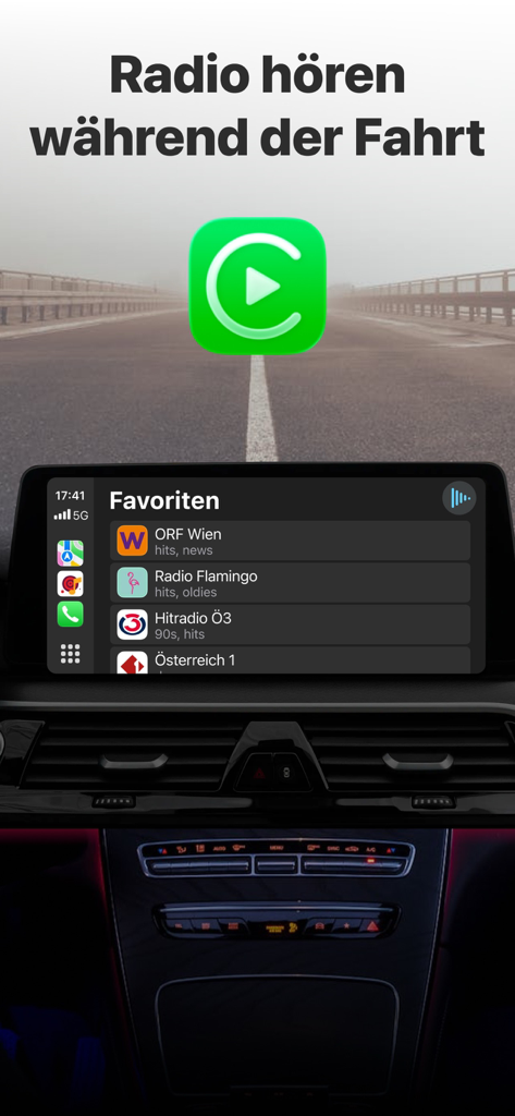 Radio Austria Online - Radio Austria Online app interface on an Apple CarPlay car dashboard