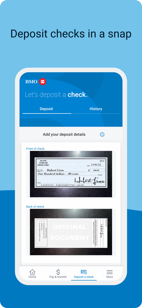 BMO Digital Banking mobile app screen showing the interface for depositing a physical check using a smartphone camera