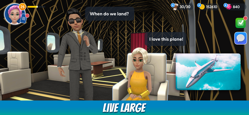 Virtual Sim Story: Life & Home - Dois personagens desfrutando de um estilo de vida de luxo dentro de um jato particular no jogo Virtual Sim Story