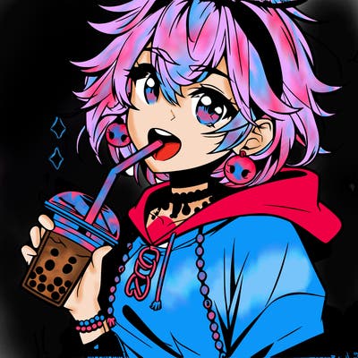 hot baddie anime girl drinking boba and biting the straw