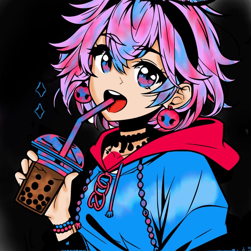 hot baddie anime girl drinking boba and biting the straw