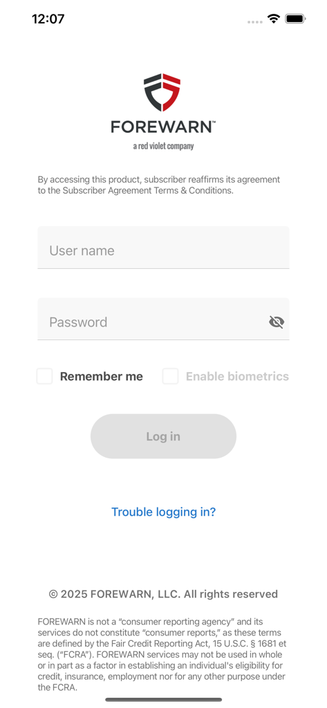 FOREWARN - Pantalla de inicio de sesión de la aplicación móvil FOREWARN que muestra los campos de nombre de usuario y contraseña