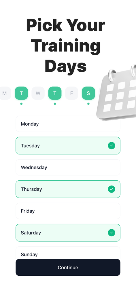Couch to 5K Run: Running Plans - Pantalla de la aplicación móvil para seleccionar días de entrenamiento para un plan de carrera personalizado de 5K.
