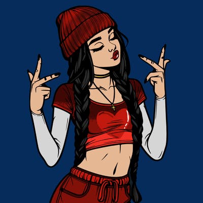 realistic teenage girl with braids and a beanie and crop top doing 🫶🏼