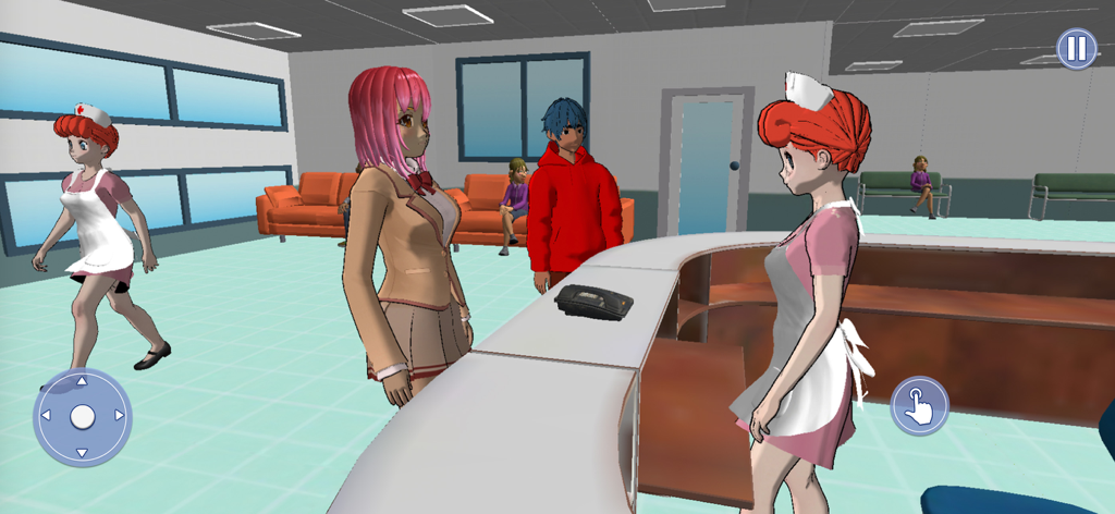 Preggo Anime Mother Life Sim! - Una chica y un chico de anime en la recepción de un hospital en un juego de simulación de vida