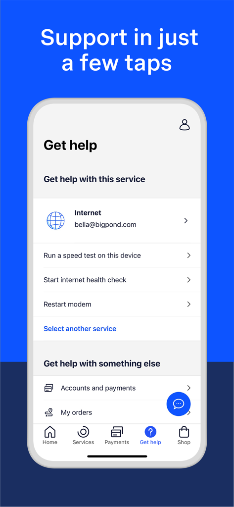 My Telstra app support interface with options for internet troubleshooting and account help