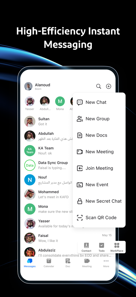 Beem: One Platform for Work - Interface da aplicação Beem mostrando mensagens instantâneas de alta eficiência com um menu de ação rápida para chats, reuniões e documentos