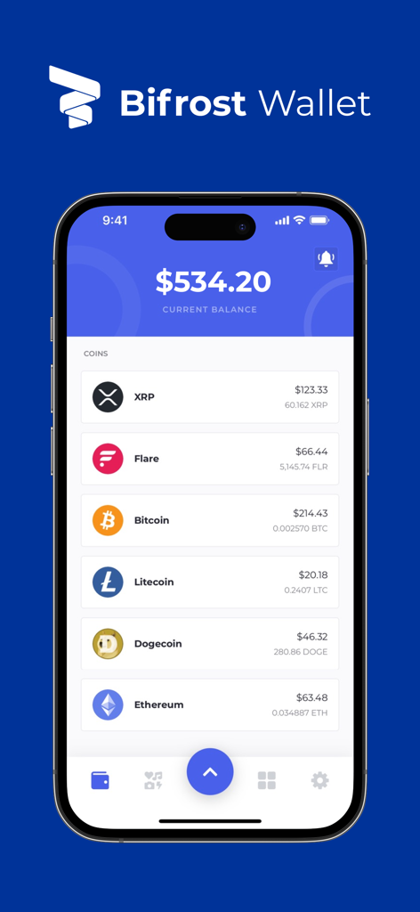 Bifrost Wallet app interface displaying total balance and a list of cryptocurrencies including XRP Flare and Bitcoin