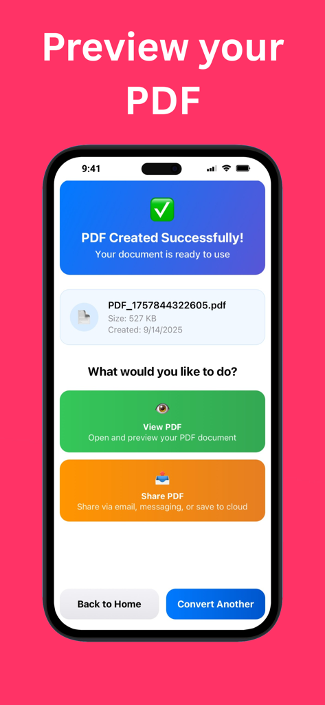 Photo to PDF Converter Maker - App interface showing a successfully created PDF document with view and share buttons