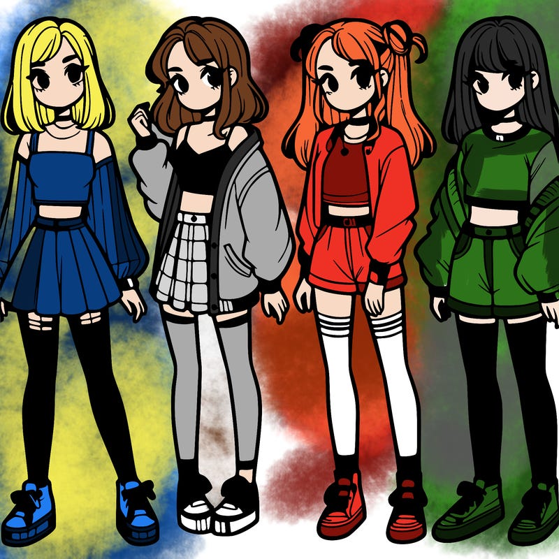 one girl with crop-top shirt and a jacket with a skirt, long socks and another girl with a shirt and pants with a jacket