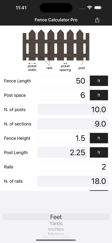 Interface of Fence Calculator Pro app showing fence material calculations and unit selector