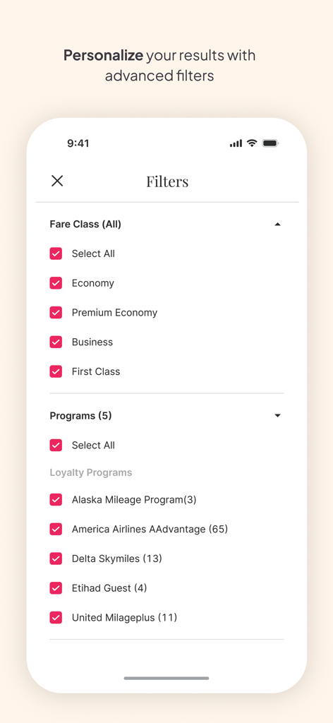 Roame - Award Travel - 運賃クラスと航空会社マイレージプログラムを選択するためのRoameアプリの高度な検索フィルター。