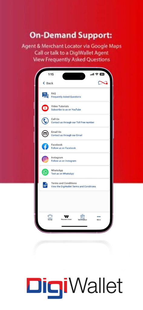Menú de soporte de la aplicación DigiWallet BZ mostrando opciones de preguntas frecuentes, llamadas, correo electrónico y mensajes a través de WhatsApp.