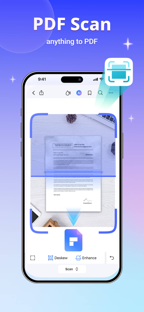Um smartphone exibindo a interface de digitalização móvel do aplicativo PDFelement com um documento sendo capturado e opções para endireitamento e aprimoramento.