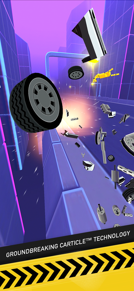 Thumb Drift - Furious Racing - A low poly car shattering into many pieces on a neon city track showcasing the Carticle physics technology