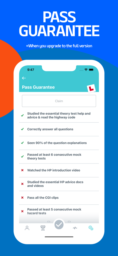 The Complete Theory Test 2026 - Mobile app screen showing the requirements and checklist for a UK driving theory test pass guarantee.