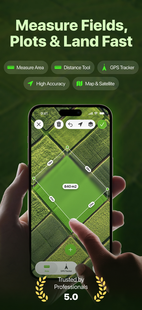 GPS fields area measure map ⁺ - Aplicación de smartphone midiendo el área y la distancia de una parcela de campo agrícola en un mapa satelital