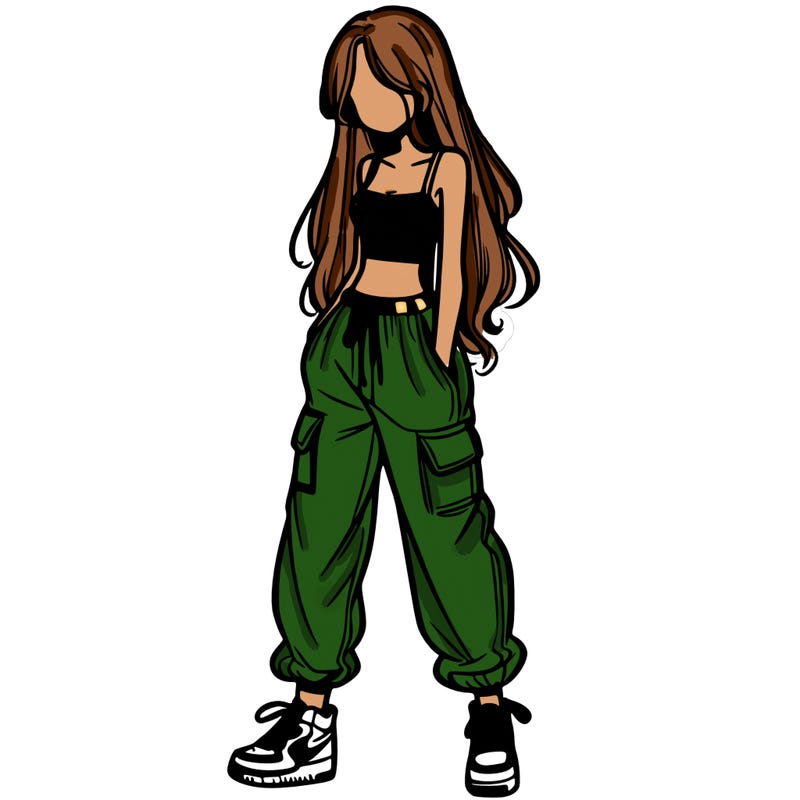 girl in baggy pants crop top and long hair