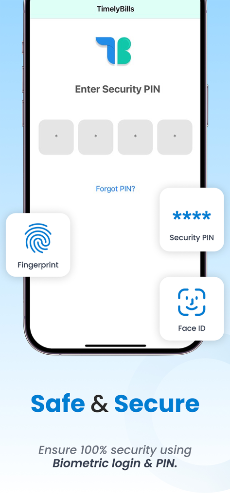 Pantalla de inicio de sesión de la aplicación TimelyBills que muestra opciones de seguridad como PIN, Face ID y Huella digital