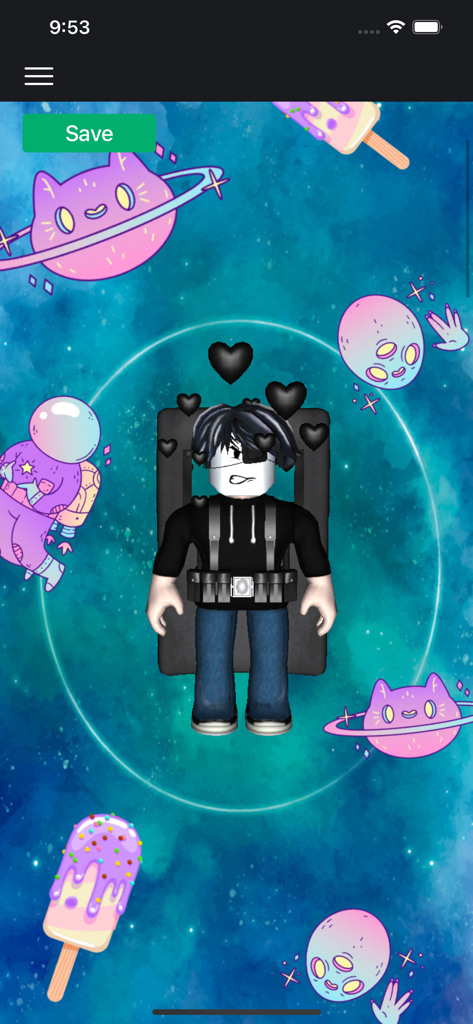 Roblox character on a colorful space themed wallpaper with cat planets and aliens