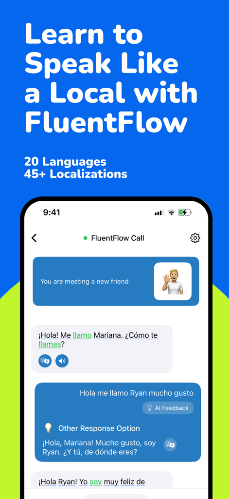 FluentFlow - Interfaz de la aplicación FluentFlow que muestra una sesión de práctica de conversación con IA en español para aprender a hablar como un local.