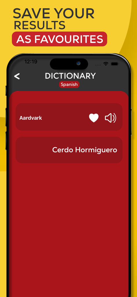 Learn Spanish Offline - Screenshot of the Learn Spanish Offline app showing a dictionary translation for Aardvark with an option to save to favorites
