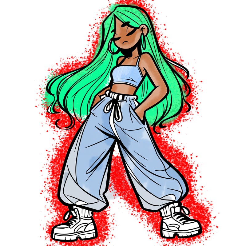 girl in baggy pants crop top and long hair