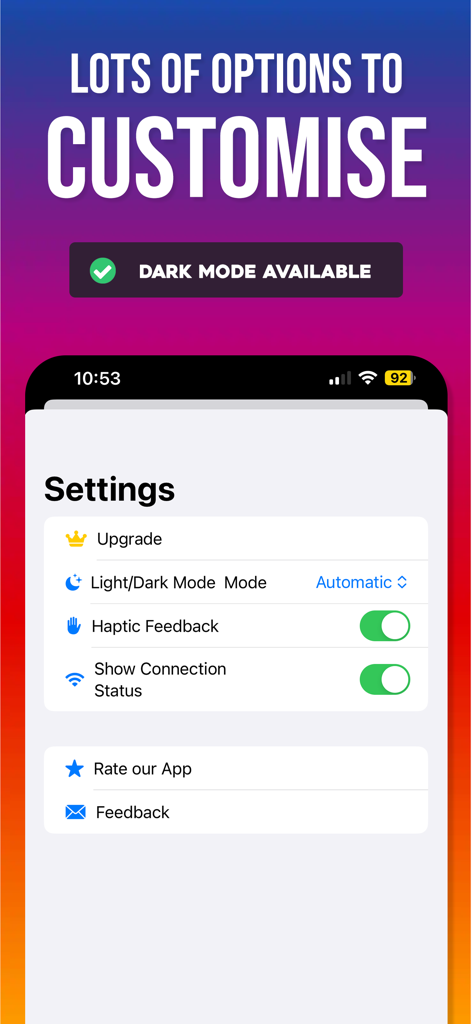 Remote Control for Sky Q - Pantalla de configuración de la aplicación de control remoto Sky Q que muestra opciones para modo oscuro, retroalimentación háptica y estado de la conexión
