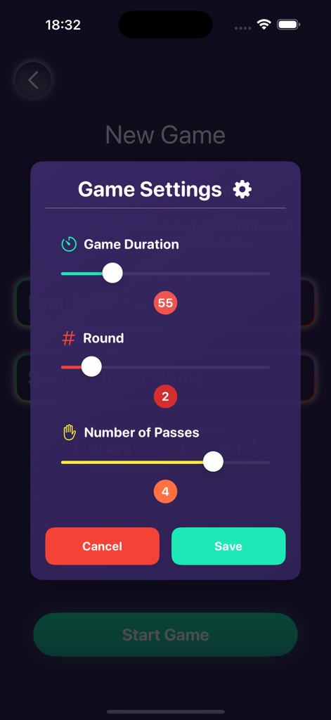 Taboo Game Offline  Many Words - Tela de configurações de jogo personalizáveis mostrando controles deslizantes para duração, rodadas e número de passes.
