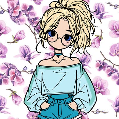 girl with a messy ponytail glasses a baggy crop top and jean shorts