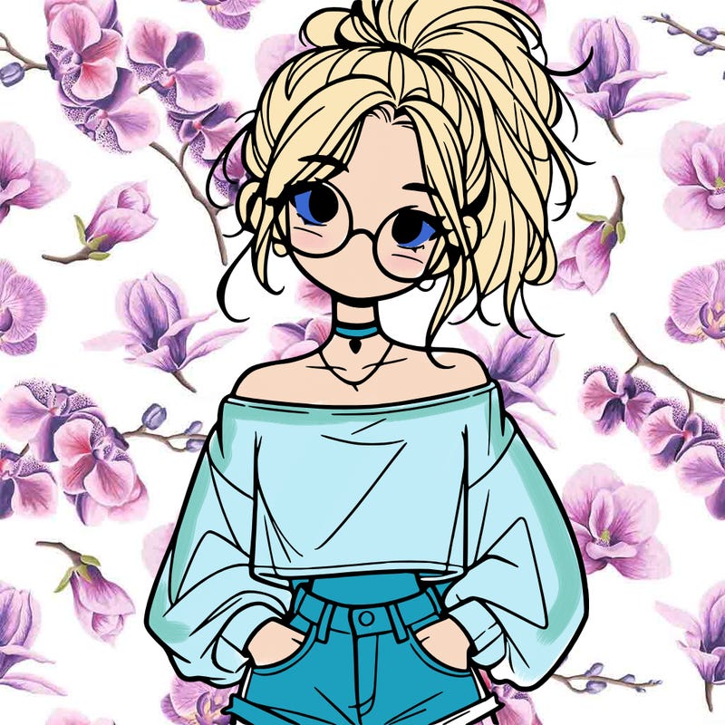 girl with a messy ponytail glasses a baggy crop top and jean shorts