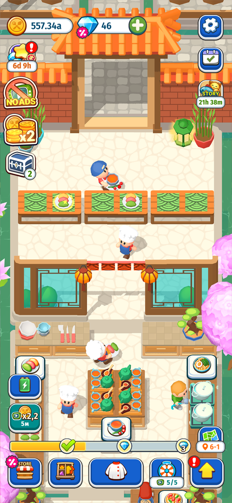 Foodventure Inc: Idle Tycoon - Gameplay di Foodventure Inc che mostra chef e camerieri che servono cibo in un ristorante all'aperto in stile giapponese