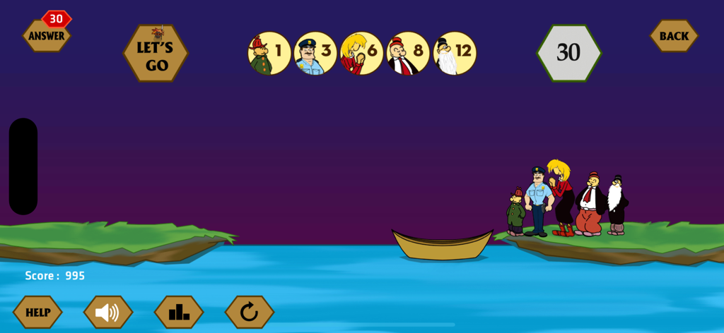 River Crossing IQ - IQ Test - Logic puzzle game screen showing characters and a boat by a river