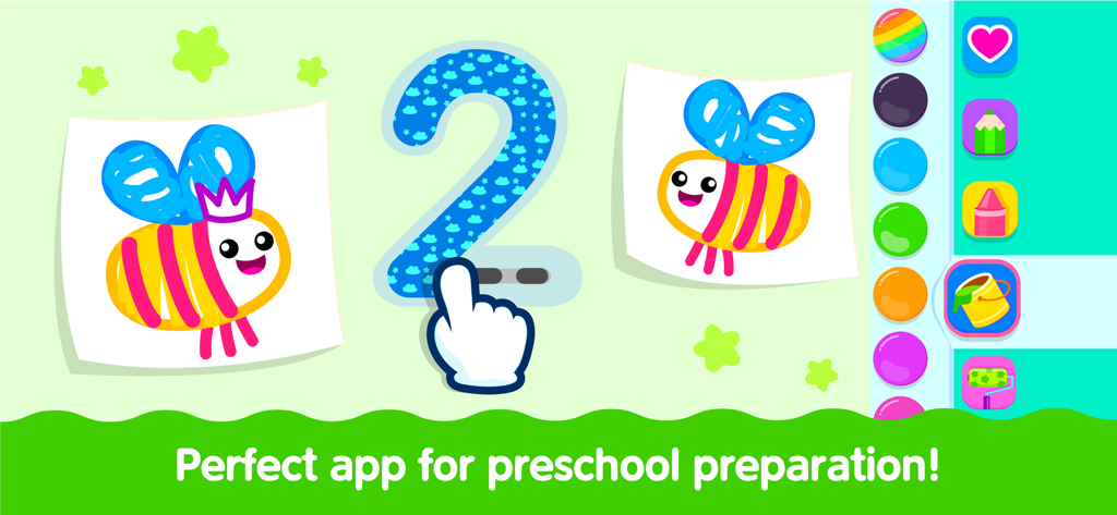 Kids Drawing Games & Coloring - A child tracing the number two in a preschool educational drawing and coloring app