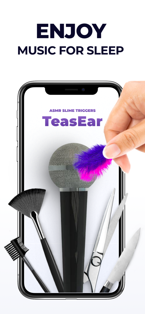 TeasEar app interface showing various ASMR triggers including a feather and microphone for sleep relaxation.