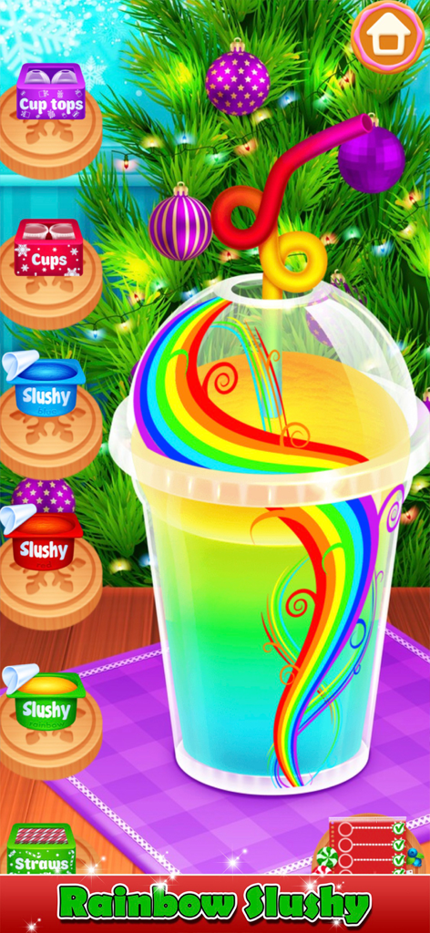 A colorful rainbow slushy in a decorated cup with a curly straw and a Christmas tree background.