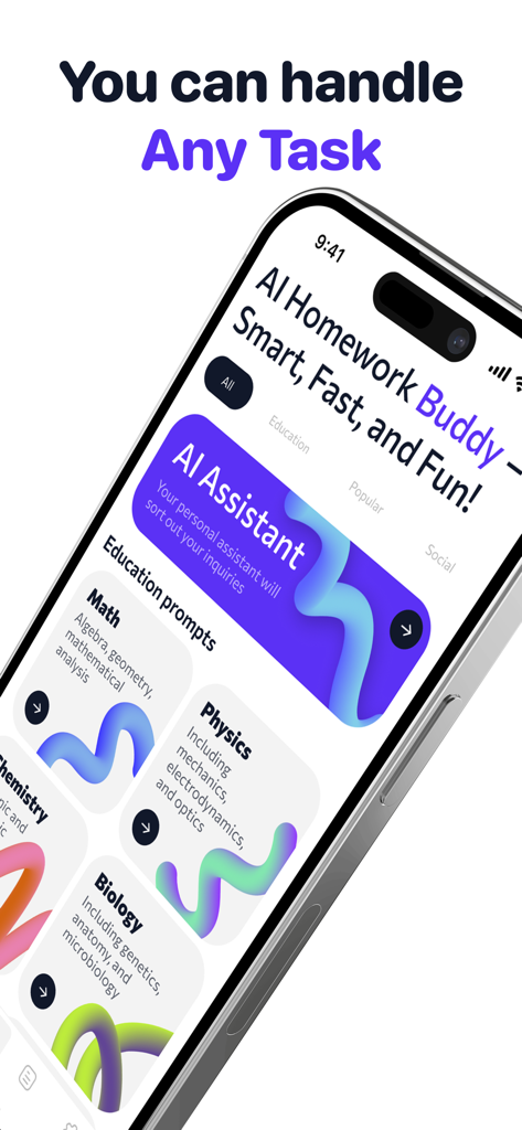 AI Homework: Solver Helper Pro - Smartphone screen showing the AI Homework Solver app interface with educational prompts for math and physics